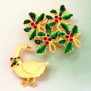 Vintage Christmas Goose and Holly Brooches